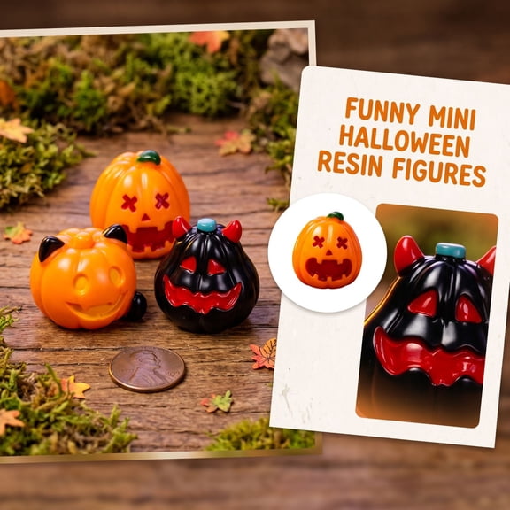 Holiday Decorations, Fall Home Decor Indoor, Pumpkin Home Decor, Terrarium Decor, 1X1 Inch Whimsical Grinning Cat-Eared Jack O Lantern Resin Statue, Compact Decorative Piece for