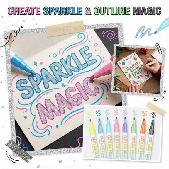 Holiday Decorations Glitter Outline Marker Set, 8-Piece Double-Line Art Pen Kit with Shimmer Ink for Greeting Cards & Journaling, 4.96" L Creative Stationery Gift
