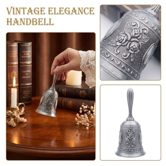 Holiday Decorations Vintage Engraved Hand Bell, Antique Brass Service Call Bell for Dinner & Weddings, 1pc (4.4" x 2.1") Light Gray