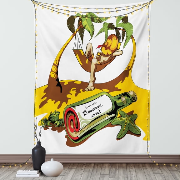 Holiday Decorations Wall Hanging Tapestry, Image of Young Man in Hammock and Message in a Bottle at Beach Artsy Decor, Bedroom Living Room Dorm Accessories, 60 X 80 Inches, by Ambesonne
