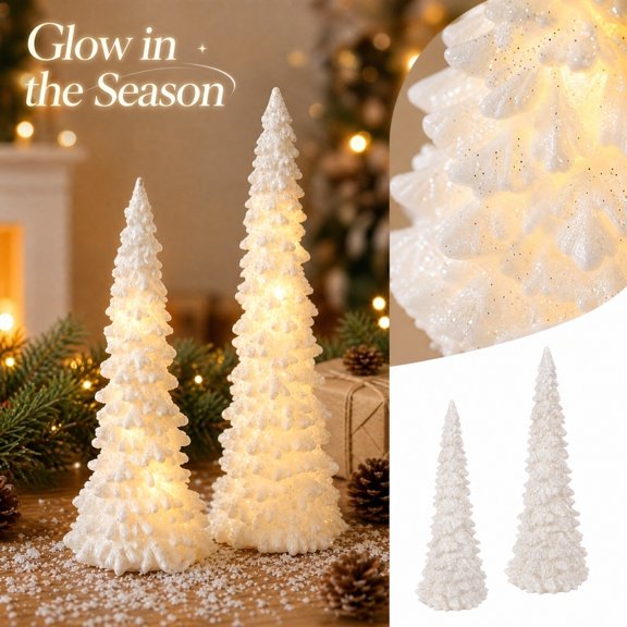 Holiday Decorations, Xmas Tree Mini Tabletop Ornament, Led Night Light Warm Glow, Battery Powered Night Light Cordless Design, 8X3.5 Inch White Glittered Pine Resin Christmas