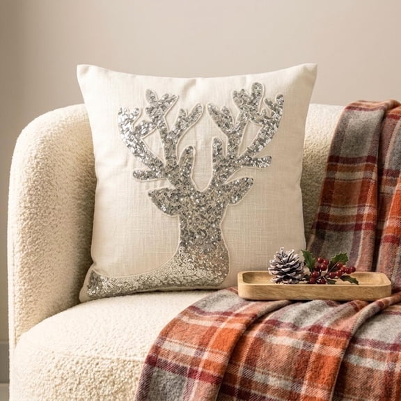 Holiday Decorative Throw Pillow cover, 16"x16" White & Silver Linen Pillowcase, Modern Reindeer Head Christmas Pillow Cover For Sofa Couch, Hotels, living Room, Bed Room - Dazzling Deer