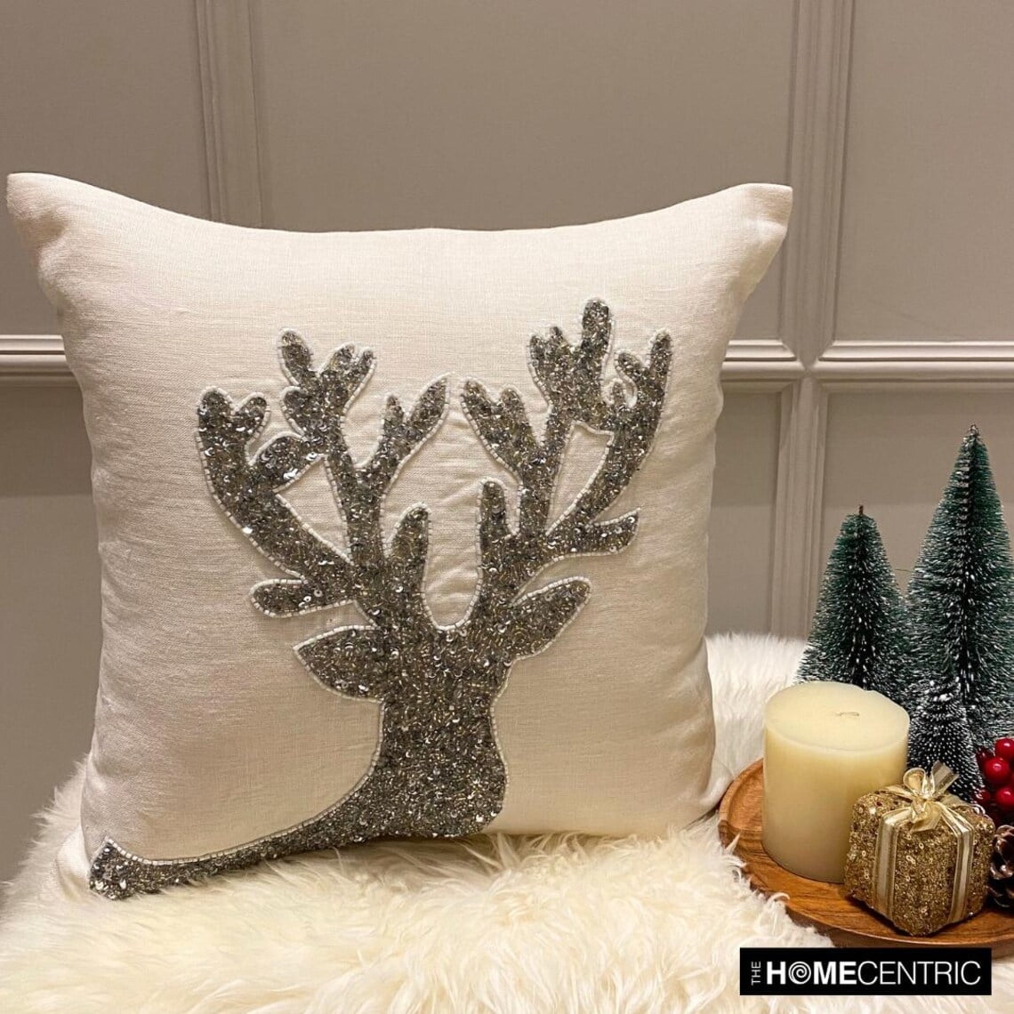 Holiday Decorative Throw Pillow cover, 16"x16" White & Silver Linen Pillowcase, Modern Reindeer Head Christmas Pillow Cover For Sofa Couch, Hotels, living Room, Bed Room - Dazzling Deer