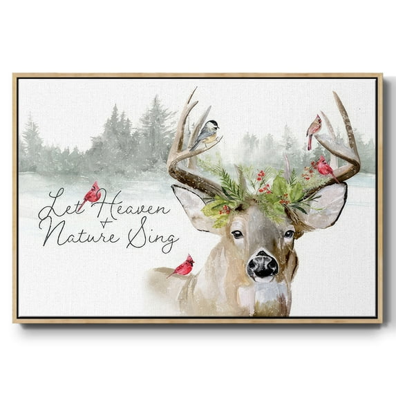 Holiday Deer Collection A - Framed Gallery Wrapped Holiday Canvas - 25 x 37 - Natural Wood Frame