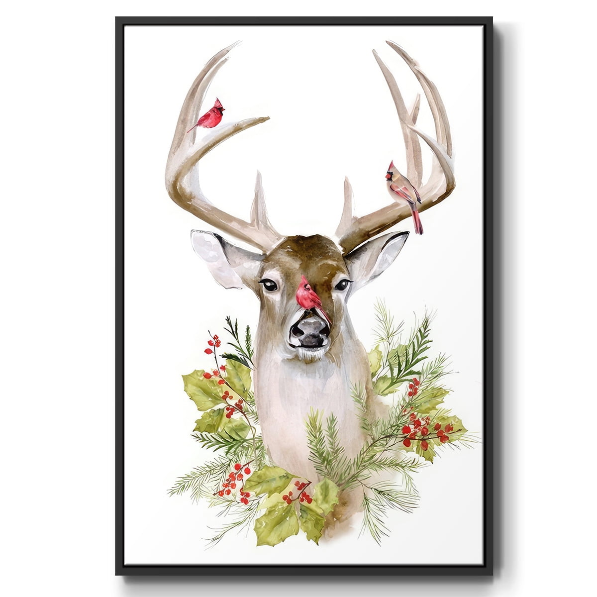 Holiday Deer Collection B - Framed Gallery Wrapped Holiday Canvas - 17 x 25 - Black Frame