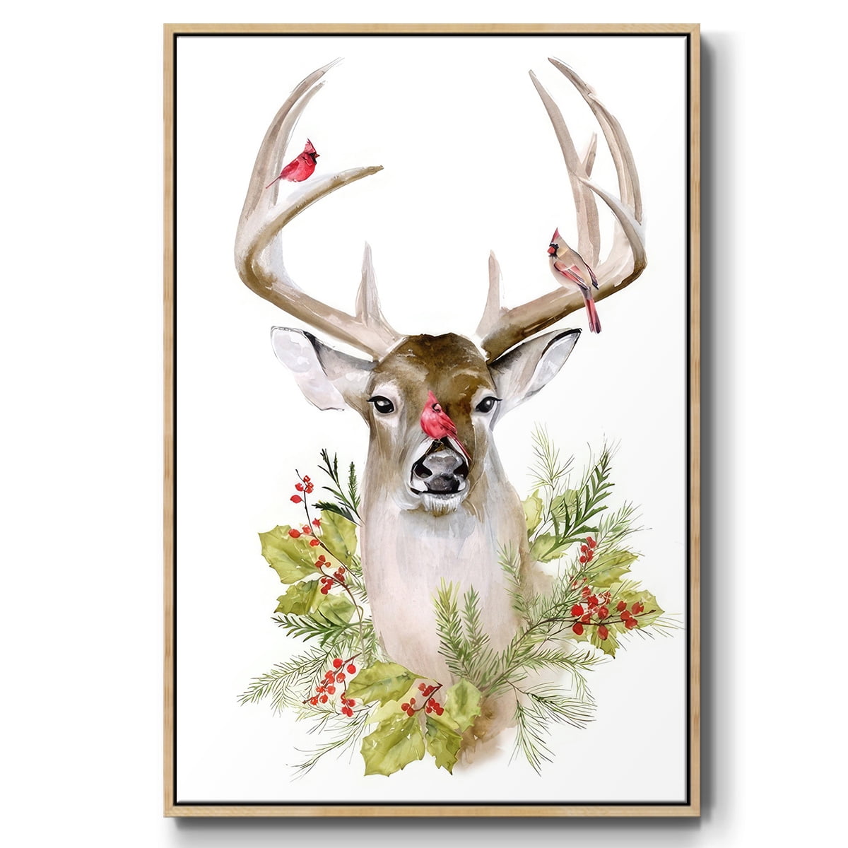 Holiday Deer Collection B - Framed Gallery Wrapped Holiday Canvas - 17 x 25 - Natural Wood Frame