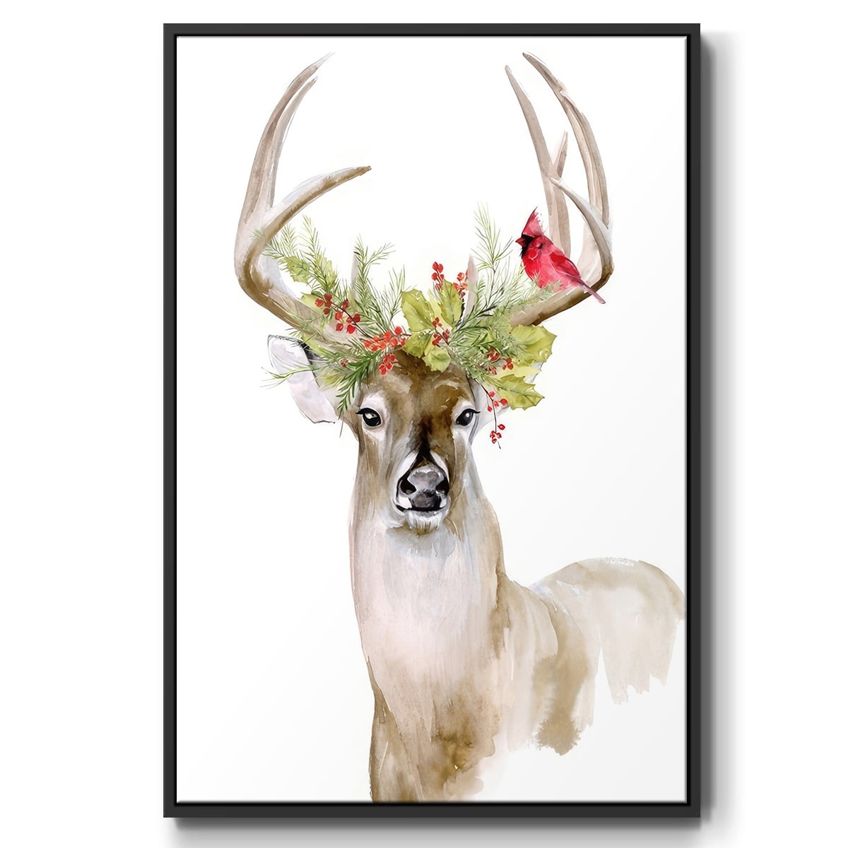 Holiday Deer I - Framed Gallery Wrapped Holiday Canvas - 17 x 25 - Black Frame