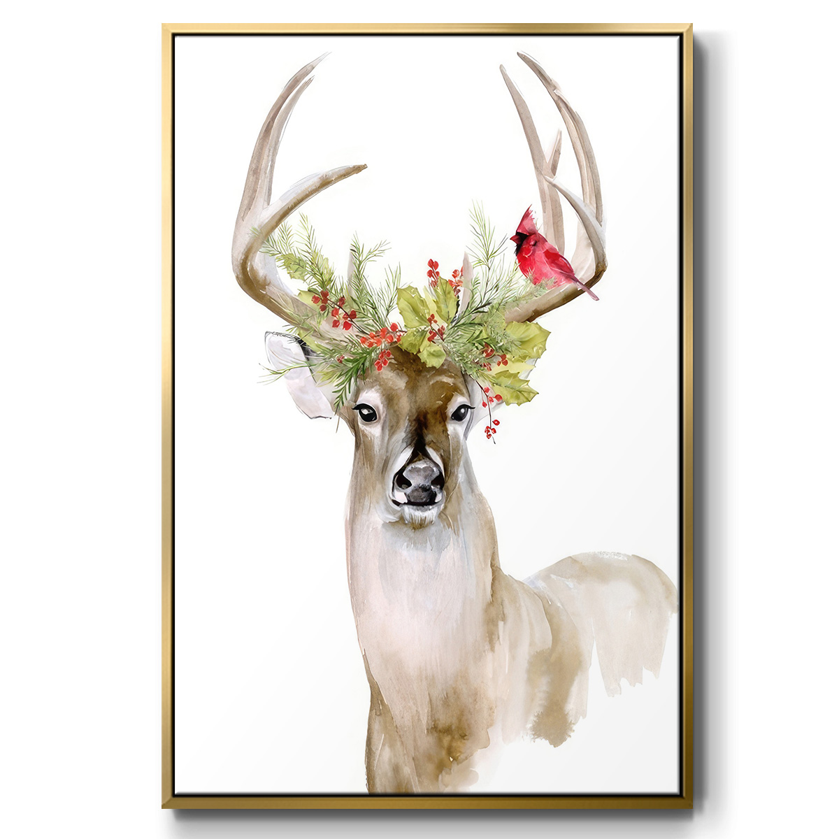 Holiday Deer I - Framed Gallery Wrapped Holiday Canvas - 27 x 41 - Gold Frame