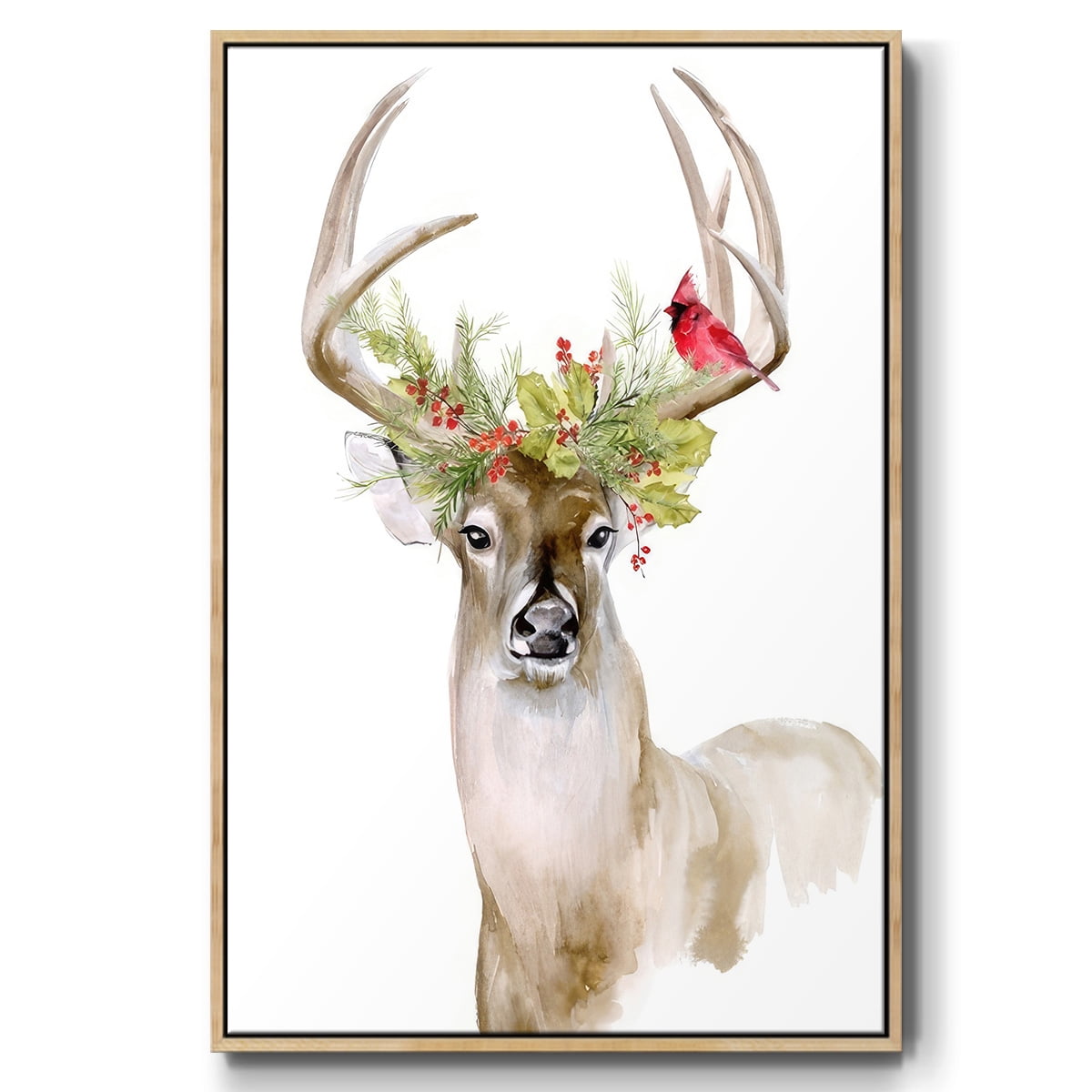 Holiday Deer I - Framed Gallery Wrapped Holiday Canvas - 27 x 41 - Natural Wood Frame