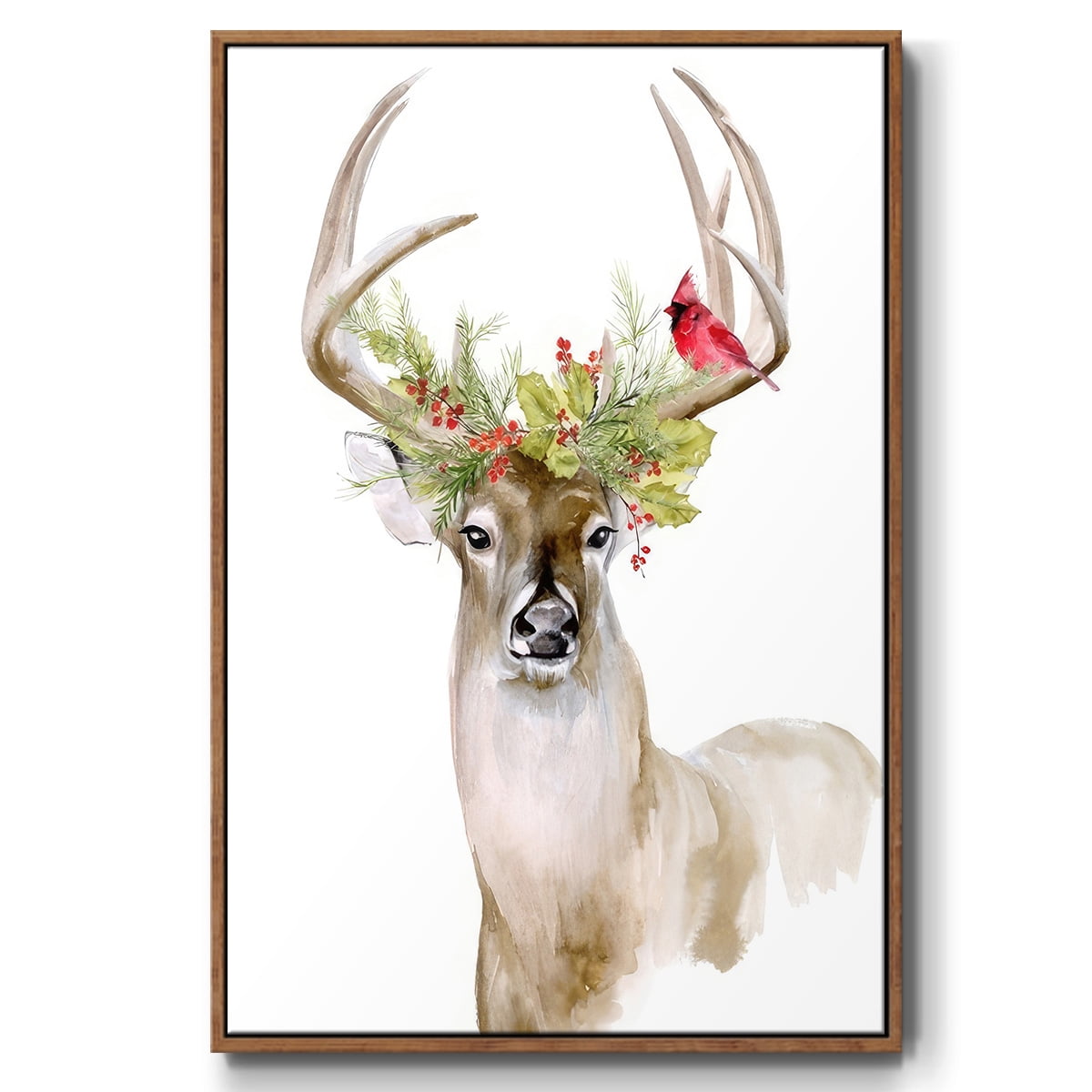 Holiday Deer I - Framed Gallery Wrapped Holiday Canvas - 27 x 41 - Rosewood Frame