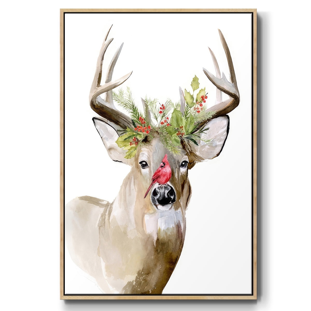 Holiday Deer II - Framed Gallery Wrapped Holiday Canvas - 17 x 25 - Natural Wood Frame