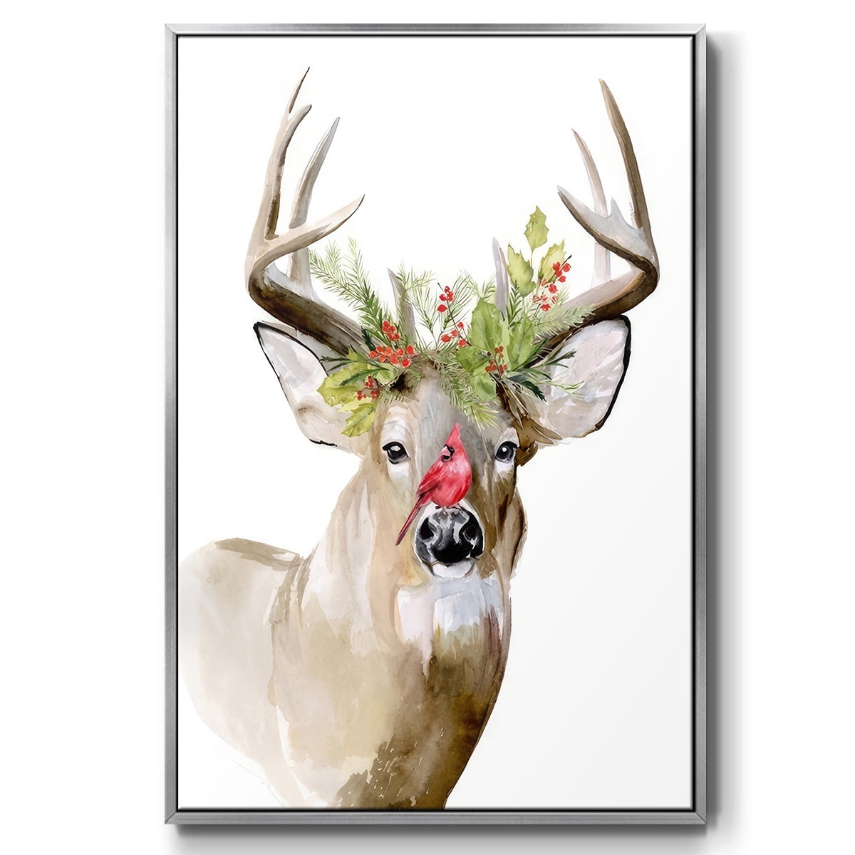 Holiday Deer II - Framed Gallery Wrapped Holiday Canvas - 17 x 25 - Silver Frame