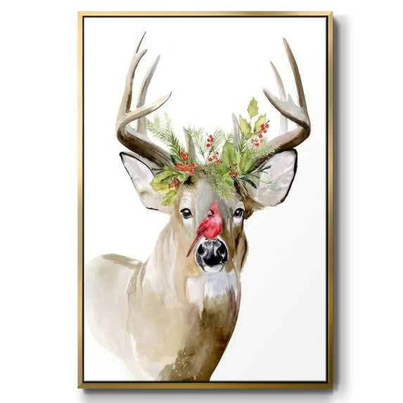 Holiday Deer II - Framed Gallery Wrapped Holiday Canvas - 25 x 37 - Gold Frame