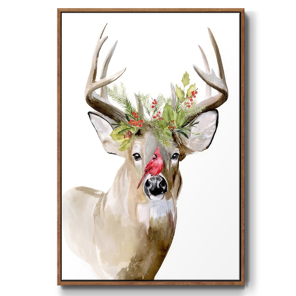 Holiday Deer II - Framed Gallery Wrapped Holiday Canvas - 27 x 41 - Rosewood Frame
