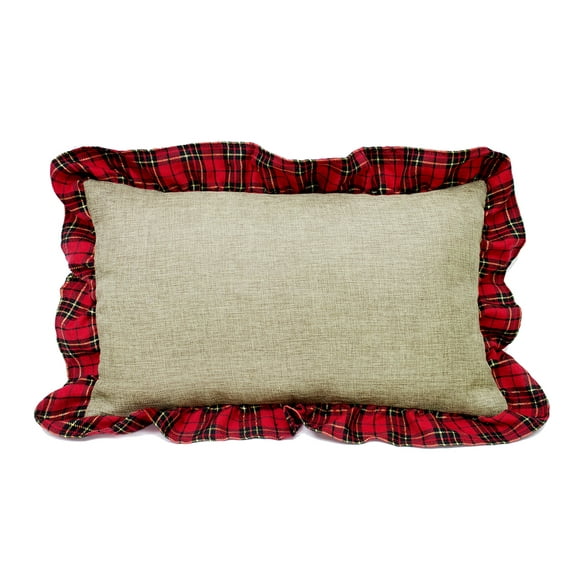 Holiday Deer Tartan Plaid Ruffle Border Christmas Decorative Throw Pillow (12"x20" Ruffle Flange, Case+Insert)