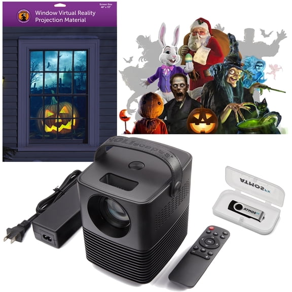 Holiday Digital Decoration Kit Includes 16 AtmosFX Video Effects for Halloween, Christmas and More Plus HD Super Bright Projector and 48 x 72 Holographic Projection Screen