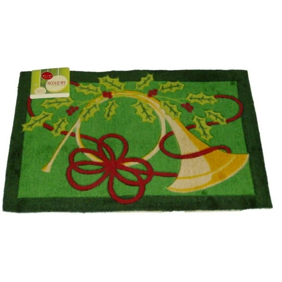 Holiday Door Mat Green French Horn Plush Throw Accent Rug