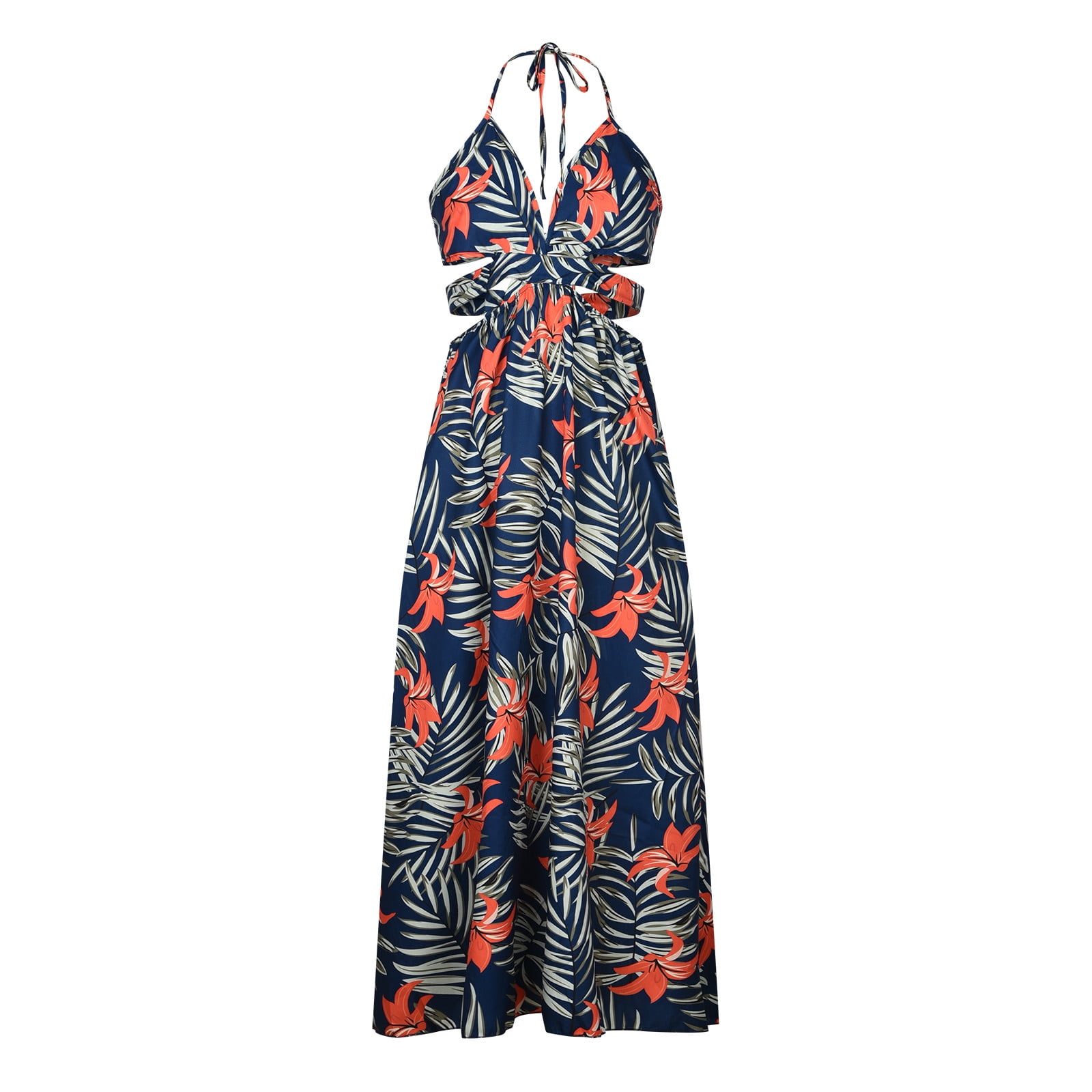 Holiday Dress Womens Cute Cut Out Hawaiian Summer Outfits for Women Deep  V-neck Halter Tropical Print Maxi Dress - Walmart.com