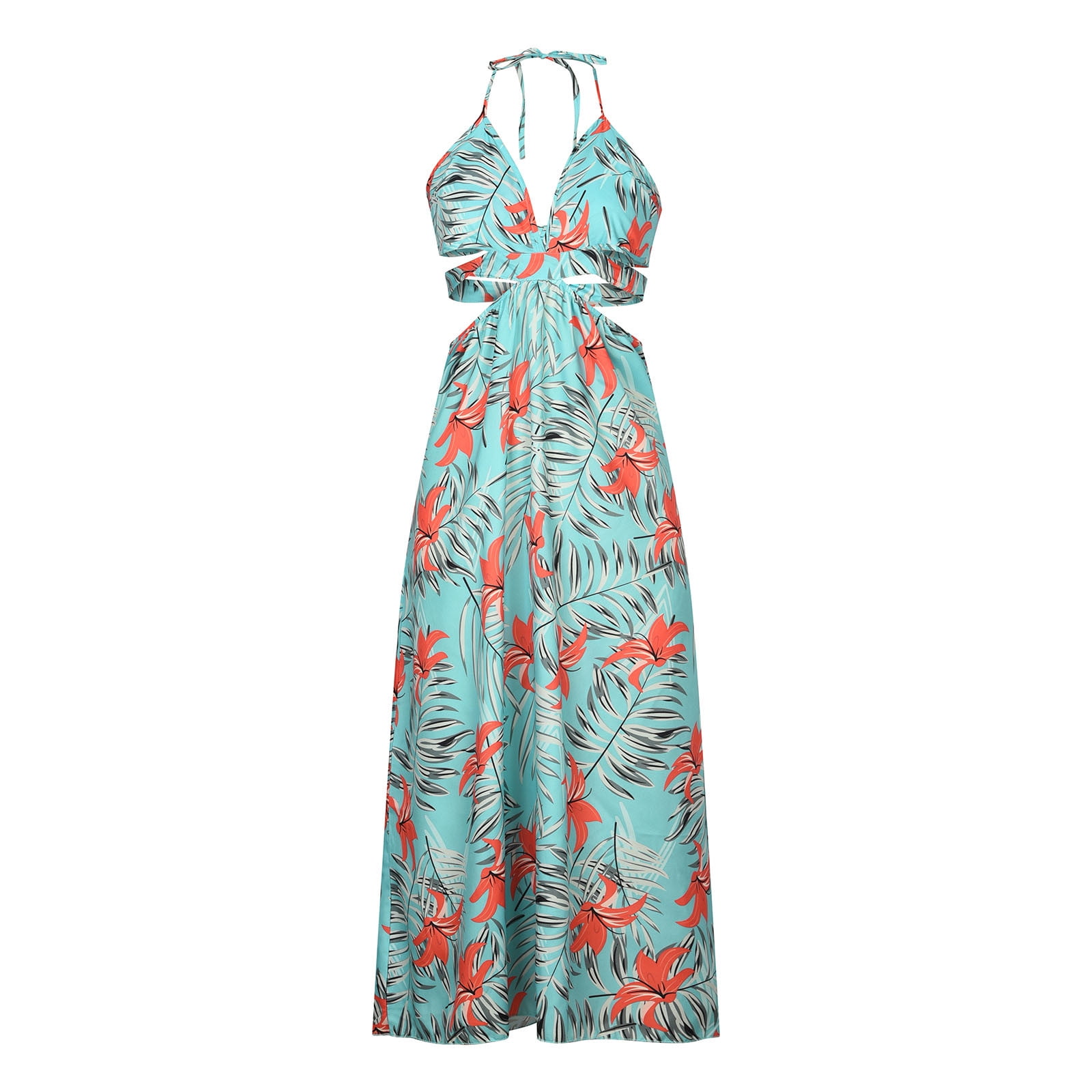 Holiday Dress Womens Sexy Cut Out Hawaiian Summer Outfits for Women Deep  V-neck Halter Tropical Print Maxi Dress - Walmart.com
