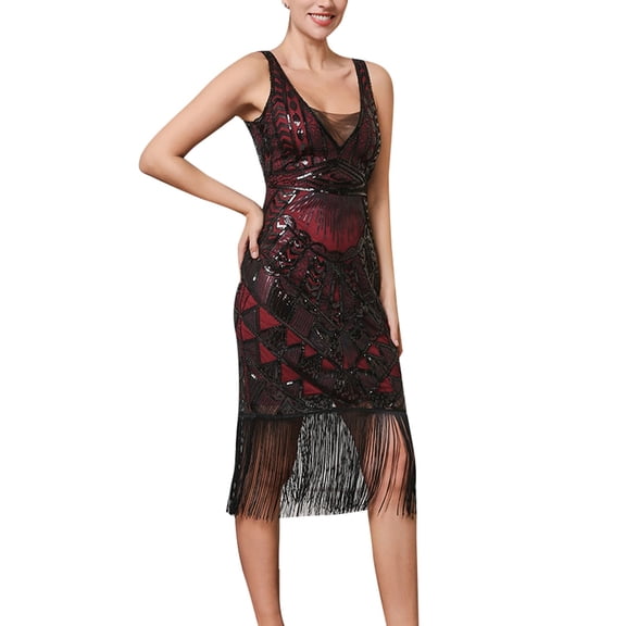 Holiday Dresses For Women Carnival Elegant Collar Sequin Fringe Sleeveless Formal Gown For Evening Party Event Long Maxi Dress