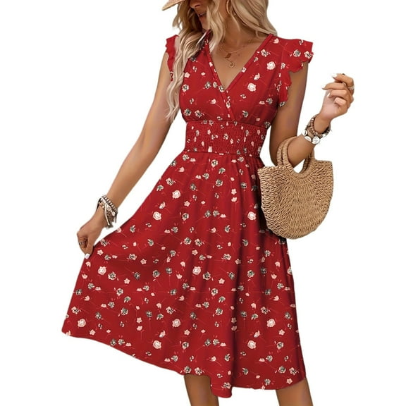 Holiday Dresses For Women, Floral Smocked Waist Boho Midi Dress With Ruffle Sleeves, Loose Fit Casual Summer Dress 2025 Wedding Guest Party Long Sleeve Dress Clubwear Outfits (S, Red) ZMTing