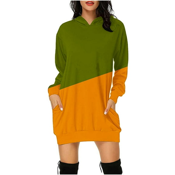 Holiday Dresses for Women Casual Lightweight Hoodies Dress Mini Printed Pullover Sweatshirts Dress with Pockets