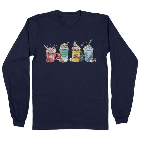Holiday Drinks Christmas Long Sleeve Shirt Unisex Large Navy