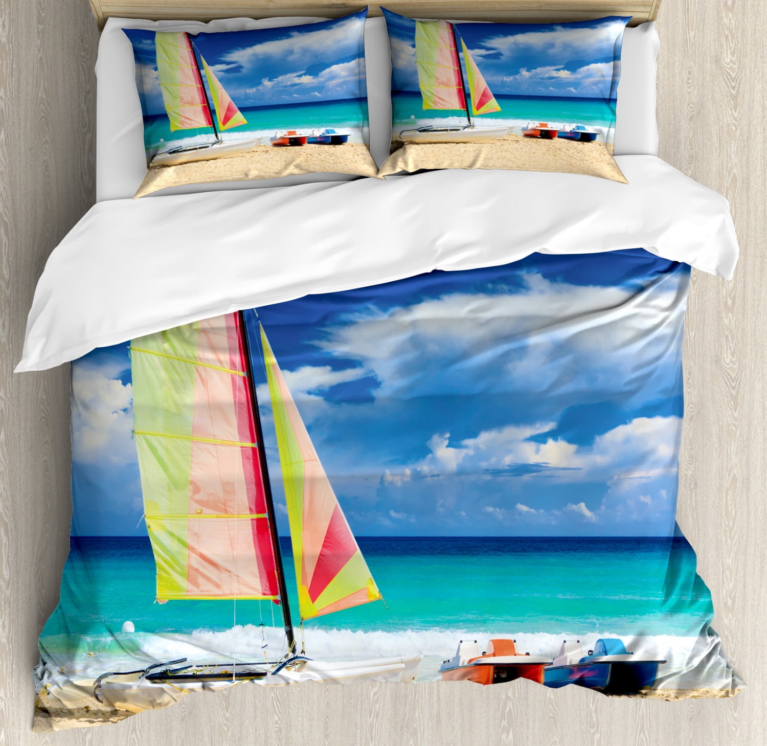 Queen Size Coastal Beach Print Microfiber Duvet Cover Set