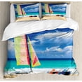 thumbnail image 1 of Holiday Duvet Cover Set Queen Size, Exotic Cuban Beach with Wind Surfing Boat and Waves Tropical Summer Coastal Picture, Decorative 3 Piece Bedding Set with 2 Pillow Shams, Blue Cream, by Ambesonne, 1 of 3