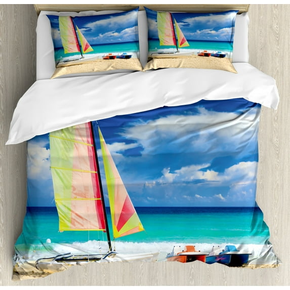 Holiday Duvet Cover Set Queen Size, Exotic Cuban Beach with Wind Surfing Boat and Waves Tropical Summer Coastal Picture, Decorative 3 Piece Bedding Set with 2 Pillow Shams, Blue Cream, by Ambesonne