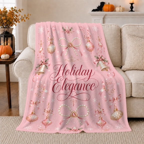 Holiday Elegance Script Ornaments Pink, Festive Holiday Scene, Warm Flannel Blanket for Living Room and Family Room, Art Lovers Appreciation Gift, Festive Home Decor