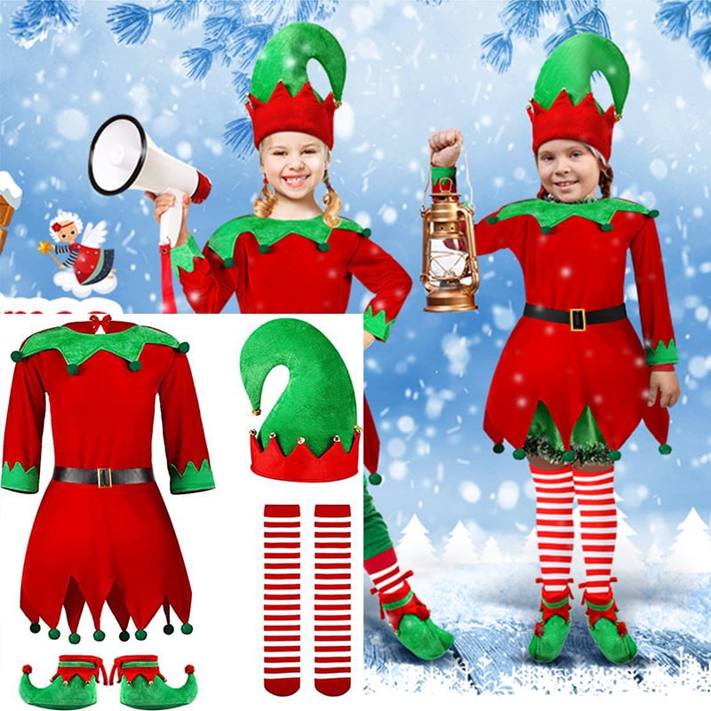 Holiday Elf Costume Dress with Hat, Elastic Belt, Leggings ,Elf