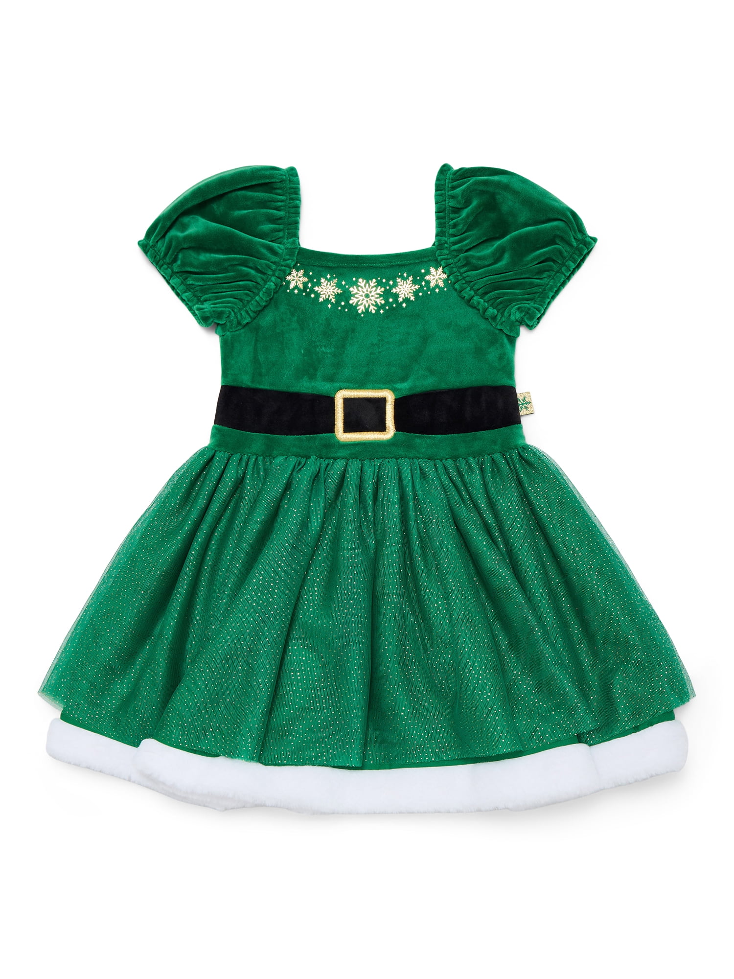 Holiday Time Toddler Girls Elf Velour Cosplay Dress with Puff Sleeves, Sizes 12M-5T