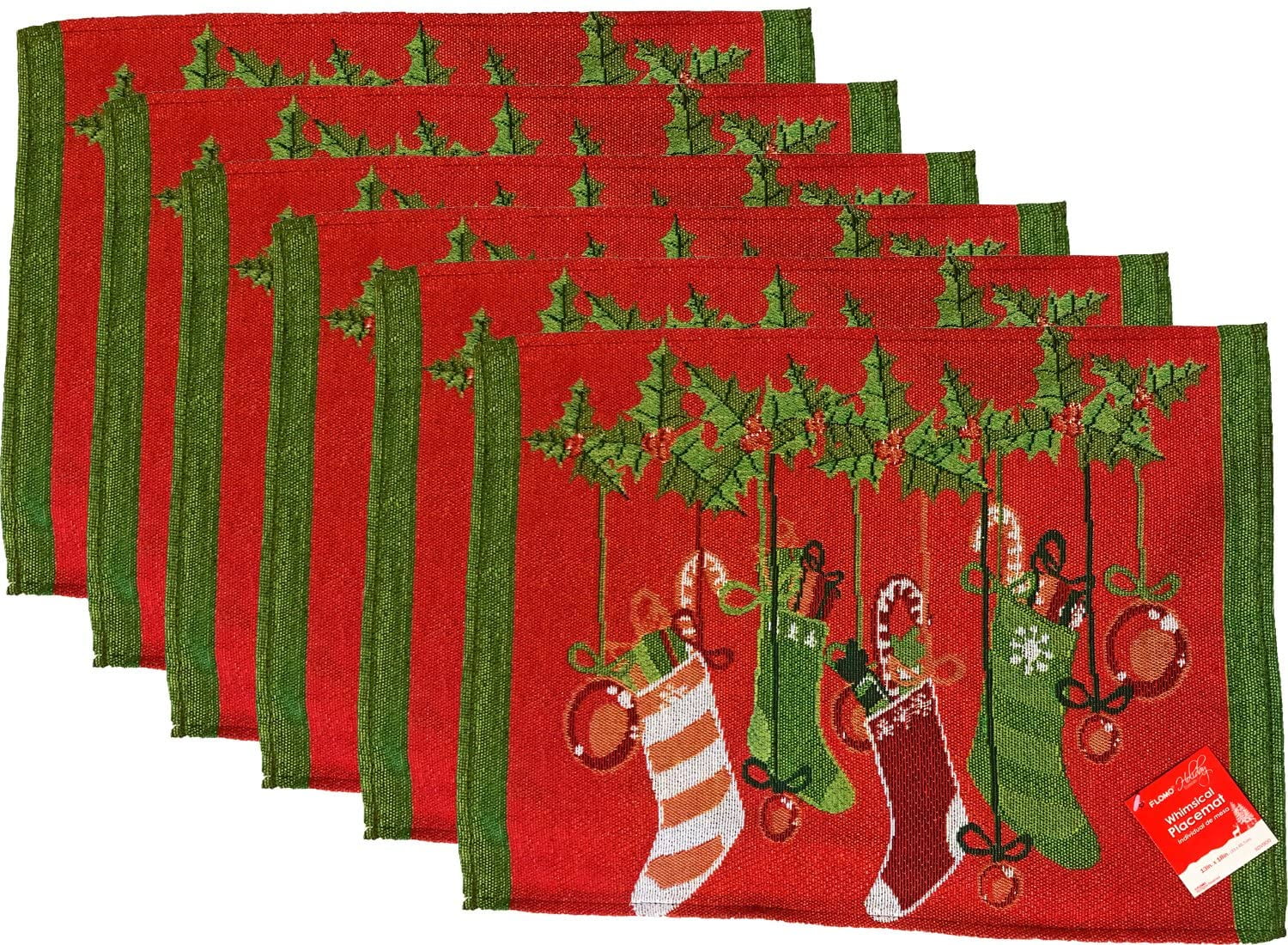 Holiday Essentials Whimsical Stocking Design Fabric Tapestry Placemats