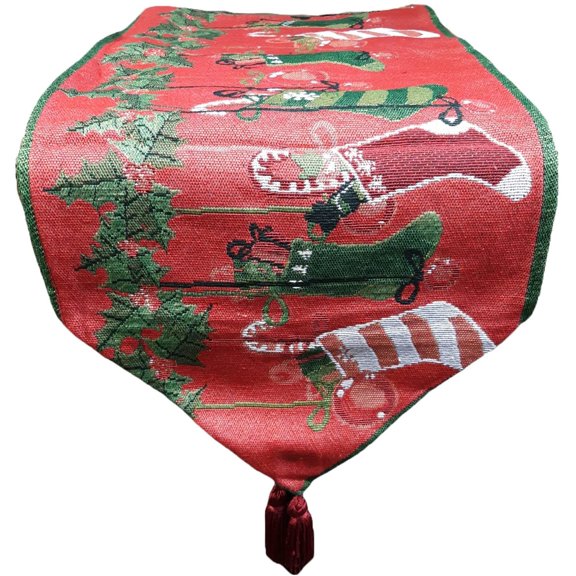 Holiday Essentials Whimsical Stocking Fabric Tapestry Table Runner 54" x 13" (Stocking Table Runner)