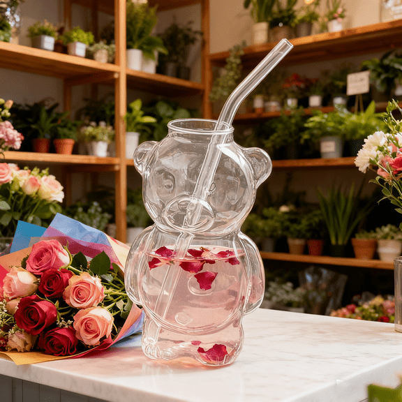 Holiday Exclusive Bear Glass Cup, 11oz Cute Tumbler with Straw, Festive Drinkware for Christmas Parties and Gift Exchanges UKHBMC | Transparent