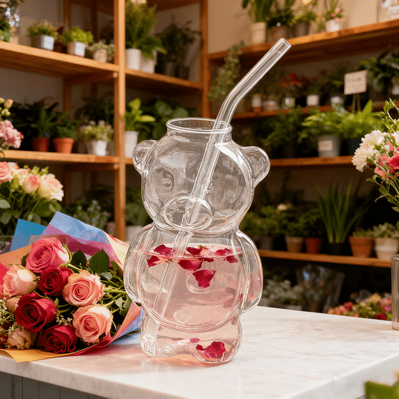 Holiday Exclusive Bear Glass Cup, 11oz Cute Tumbler with Straw, Festive Drinkware for Christmas Parties and Gift Exchanges UKHBMC | Transparent