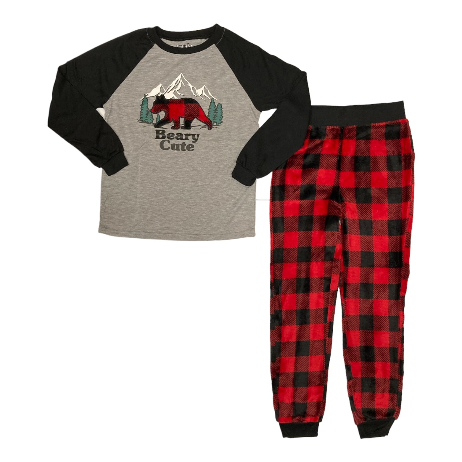 Holiday FamJams Kid's Bear Buffalo 2 Piece Unisex Pajama Set (Grey/Red, 4/5)
