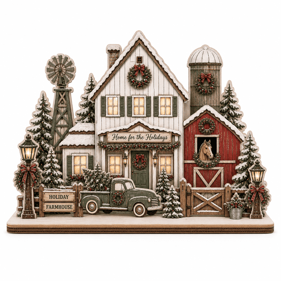 Holiday Farmhouse Scene Wooden Block for Christmas Mantel Decor