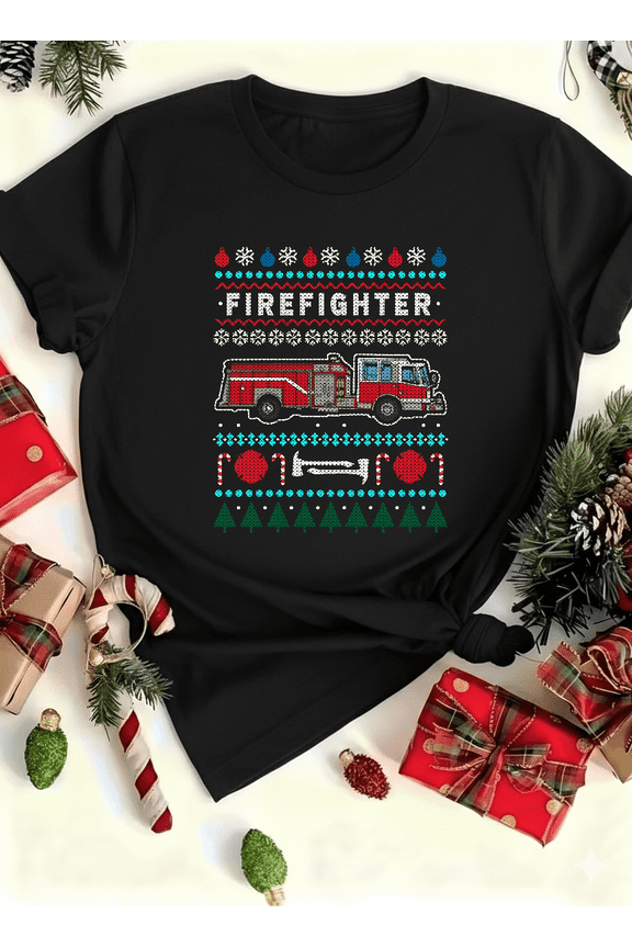 Holiday Firehouse Fun Firefighter Ugly Sweater Retro Humor Unisex T-Shirt V13956 up to size 5XL
