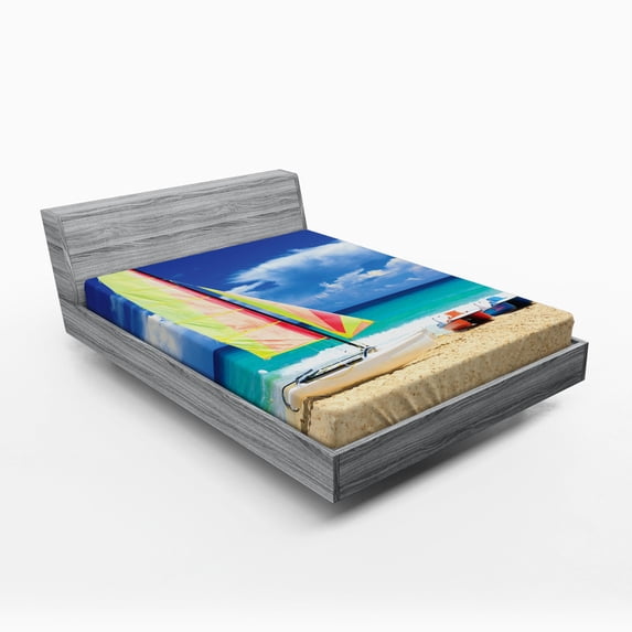 Ambesonne Holiday Fitted Sheet, Ocean Sailing Exotic, Queen Size, Blue Cream