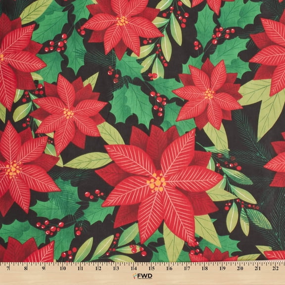 Holiday Floral Print Broadcloth Fabric - Black Multi-Color Polyester Cotton 58/60" By The Yard