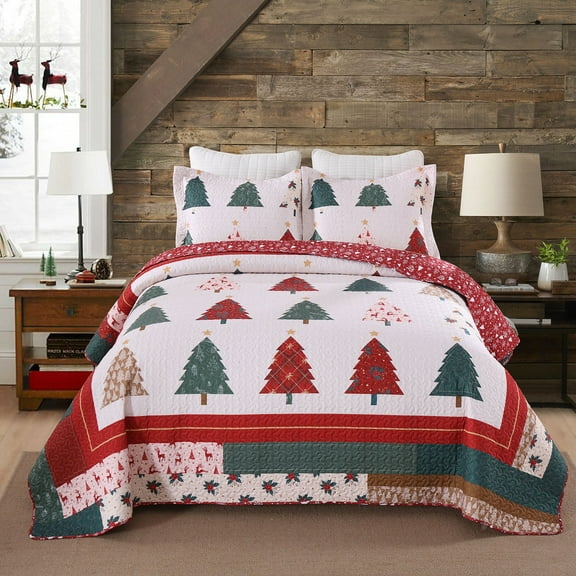 Holiday Forest 3 Pcs Festive Christmas Tree Quilt Bedspread Set Reversible Bed Coverlets Set for Home Decor