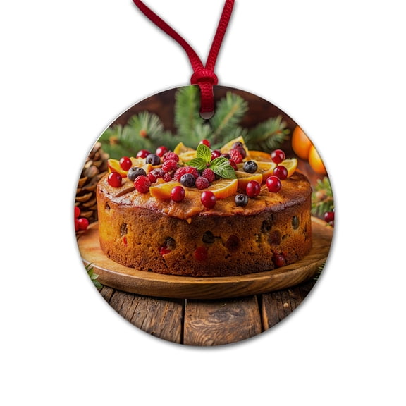 Holiday Fruitcake Fruit Cake Dessert Christmas Tree Holiday Round Ceramic Ornament