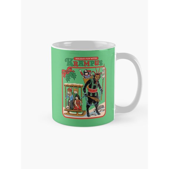 Holiday Fun with Krampus Folklore Scene Coffee Mug, 11oz Ceramic, Green Red and Black Full-Wrap Artwork