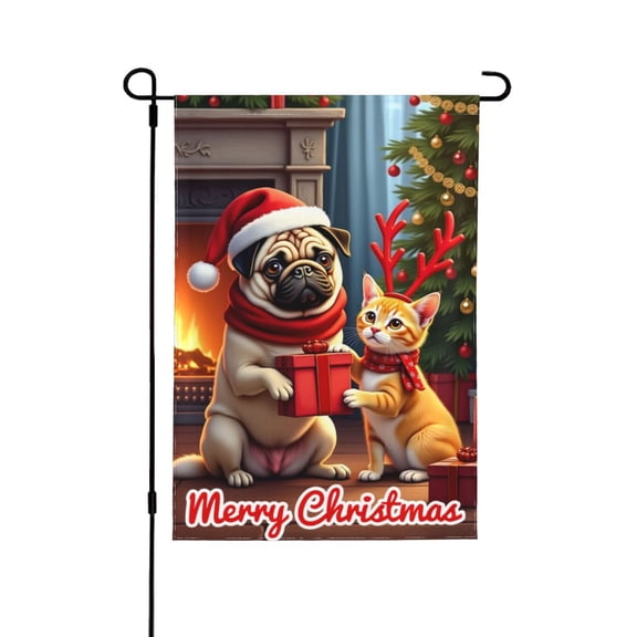 Holiday Garden Flag 12x18 Inch Double Sided Cute Dog Cat With Gifts Garden Flag Winter Christmas Yard Flag Seasonal Home Outdoor Decor Banner
