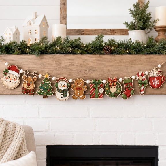 Holiday Garland Santa Reindeer Wooden Mantel Decor for Christmas