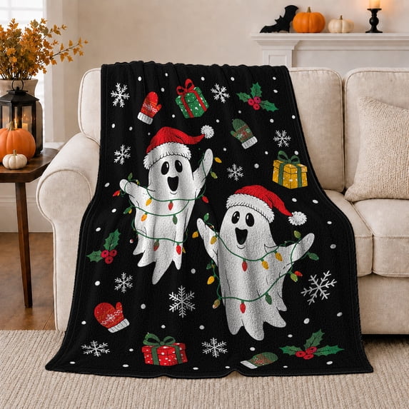 Holiday Ghosts Black Festive Christmas Lights Cartoon, Festive Halloween Scene, Warm Flannel Blanket for Living Room and Reading Nook, Art Lovers Christmas Gift, Festive Home Decor