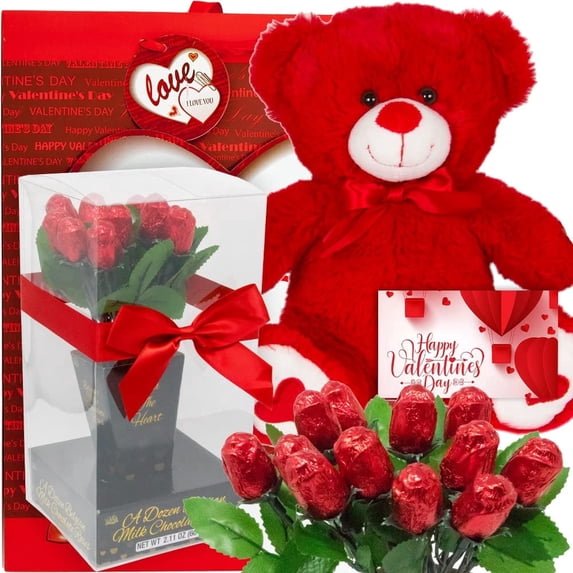 Valentine Gift Set Teddy Bear Chocolate Rose Bouquet & Gift Bag Basket ...