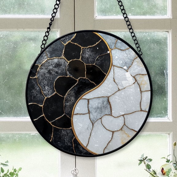 Holiday Gift - Black White Gold Marbles Clouds Star Christmas Stained Glass Hanging Ornament - Snowflake-Inspired Holiday Tree Decoration, Gift for Family & Friends, 2025 Edition